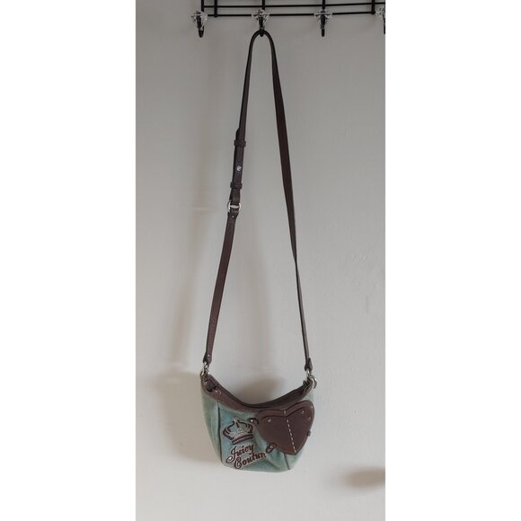 Vintage Juicy Couture Small Crossbody Bag Blue Aqua Brown Heart Velour Y2K RARE - Picture 1 of 11